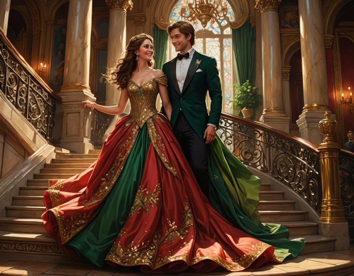 Regal Princess Ascends Grand Staircase in Vibrant Red Gown