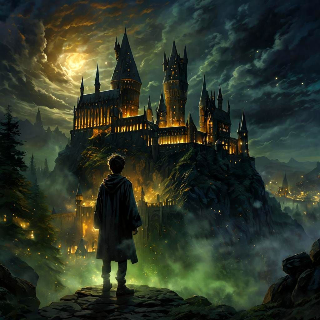 Harry Potter at Hogwarts in Whimsical Illustration