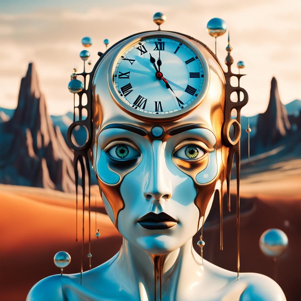 Surreal Woman with Melting Clock in Dream Landscape
