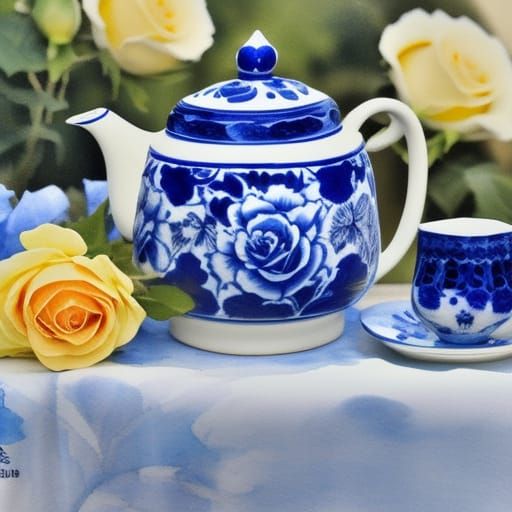 Delftware Teapot with Rose: Ink and Watercolor