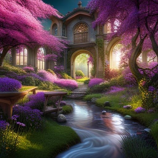 Bee on Cherry Blossom in Garden: Matte Painting