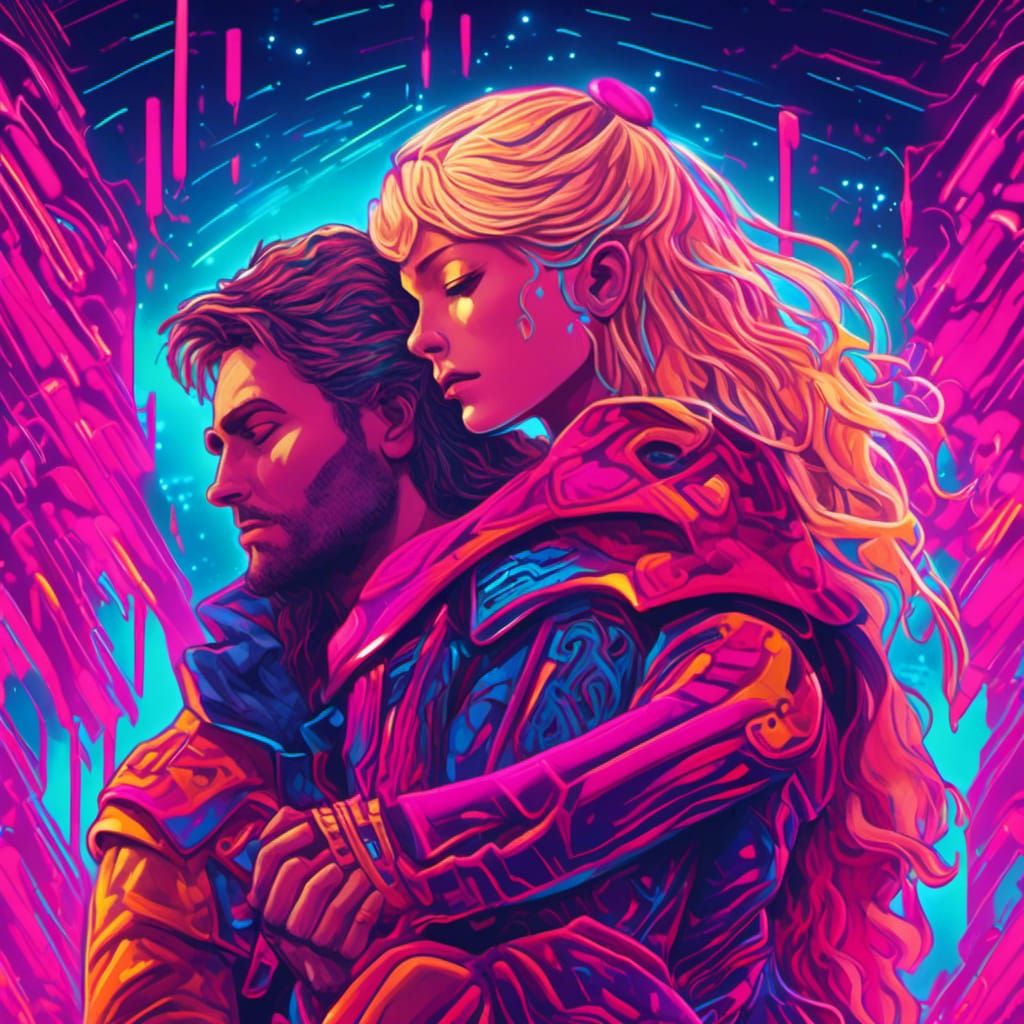 Siegfried and Brunhilde Embrace in Synthwave Style
