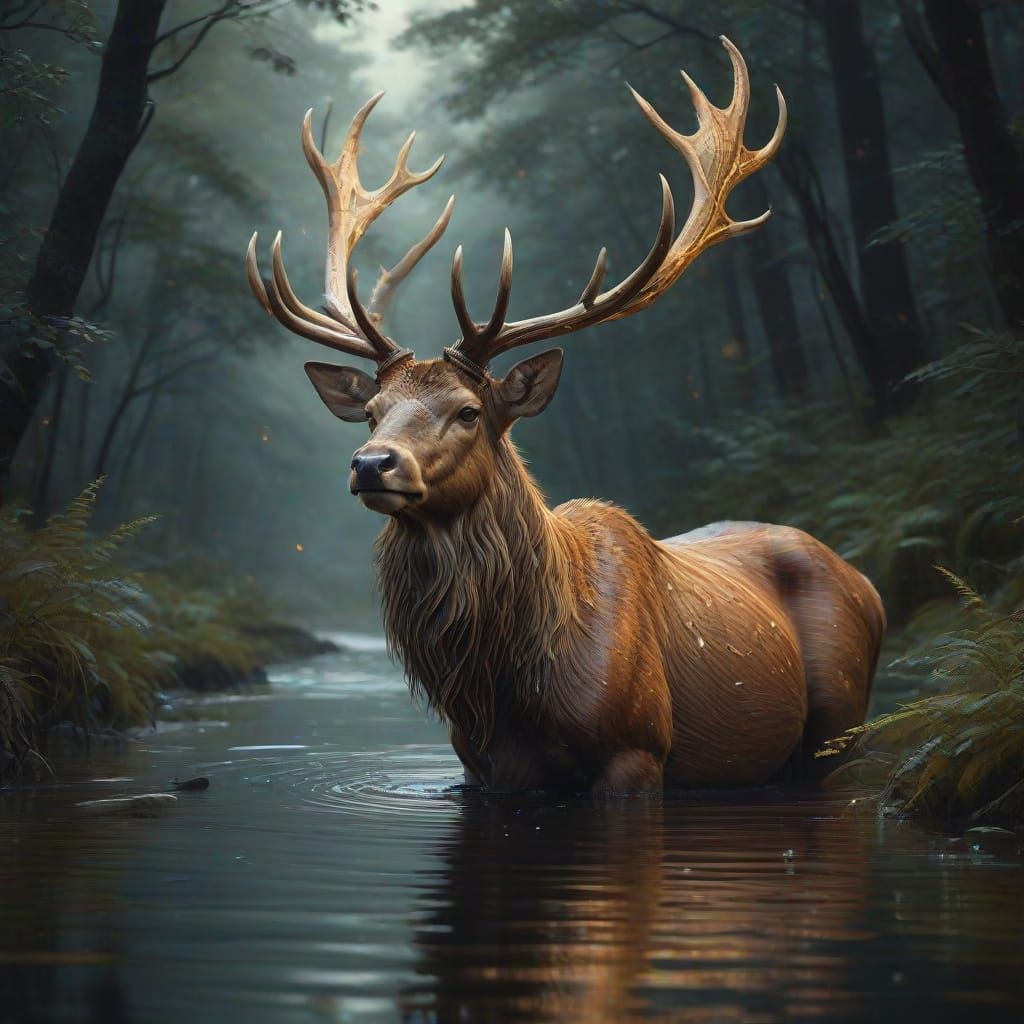 Bioluminescent Stag with Golden Antlers in Dark Fantasy Styl...