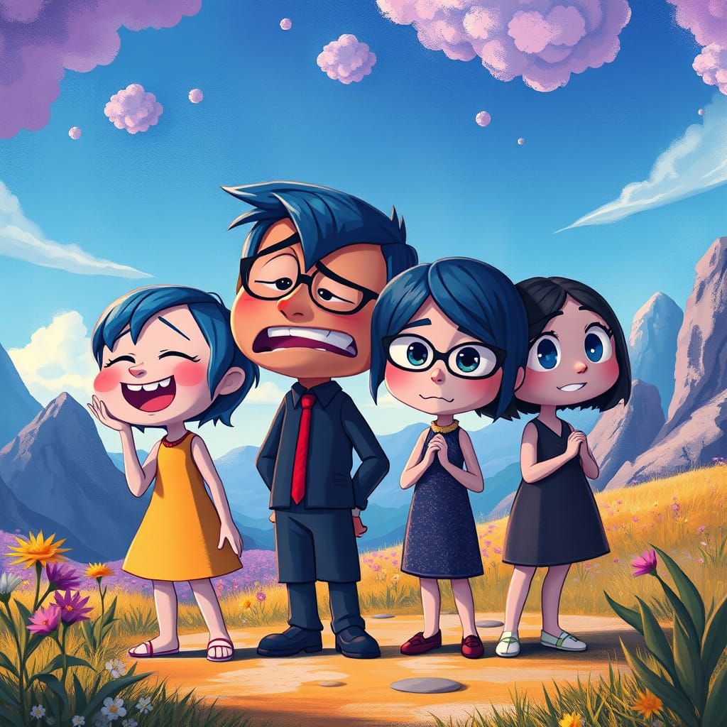 Inside Out Characters in Vibrant Fantastical Landscape