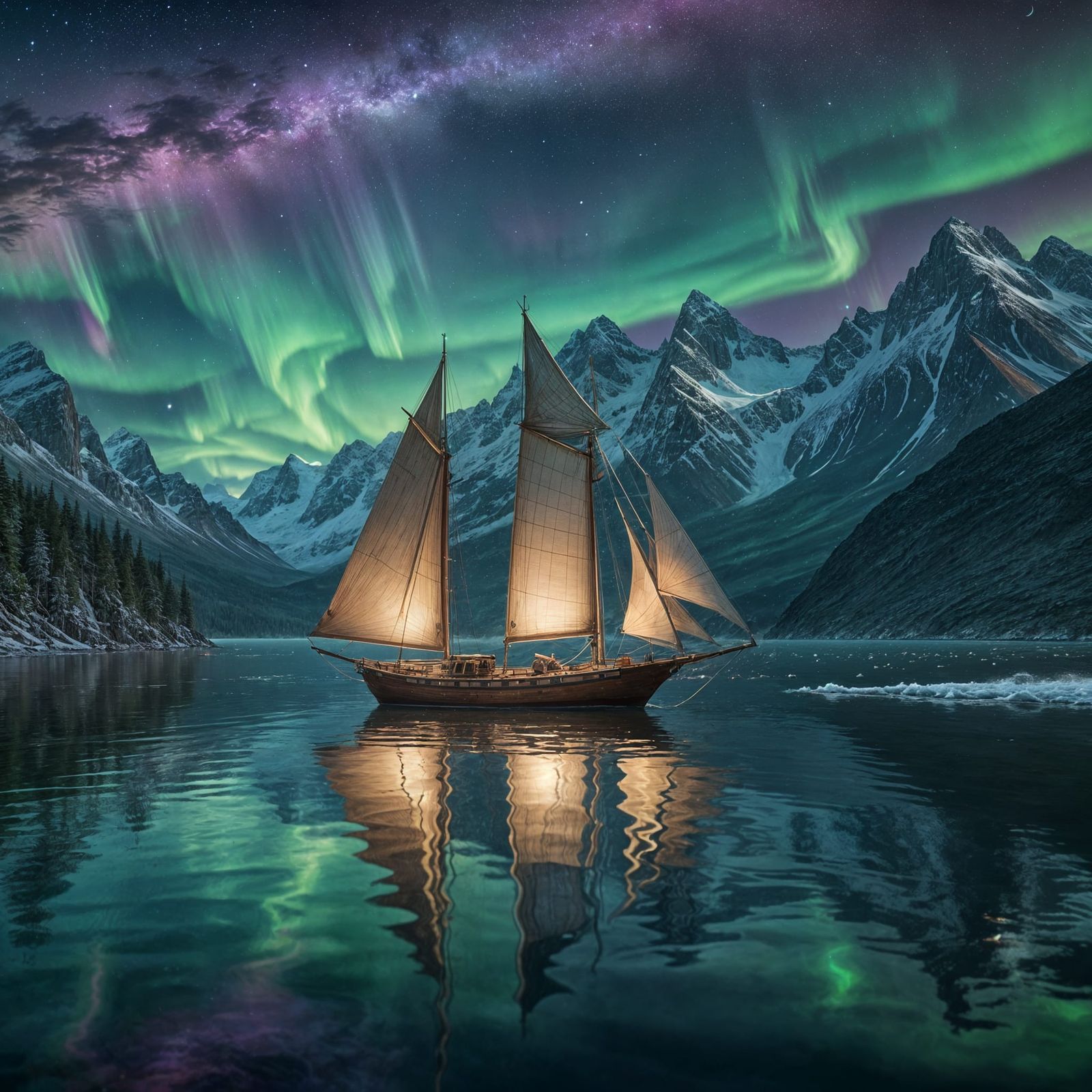 Majestic Sailboat Under Aurora Borealis Sky