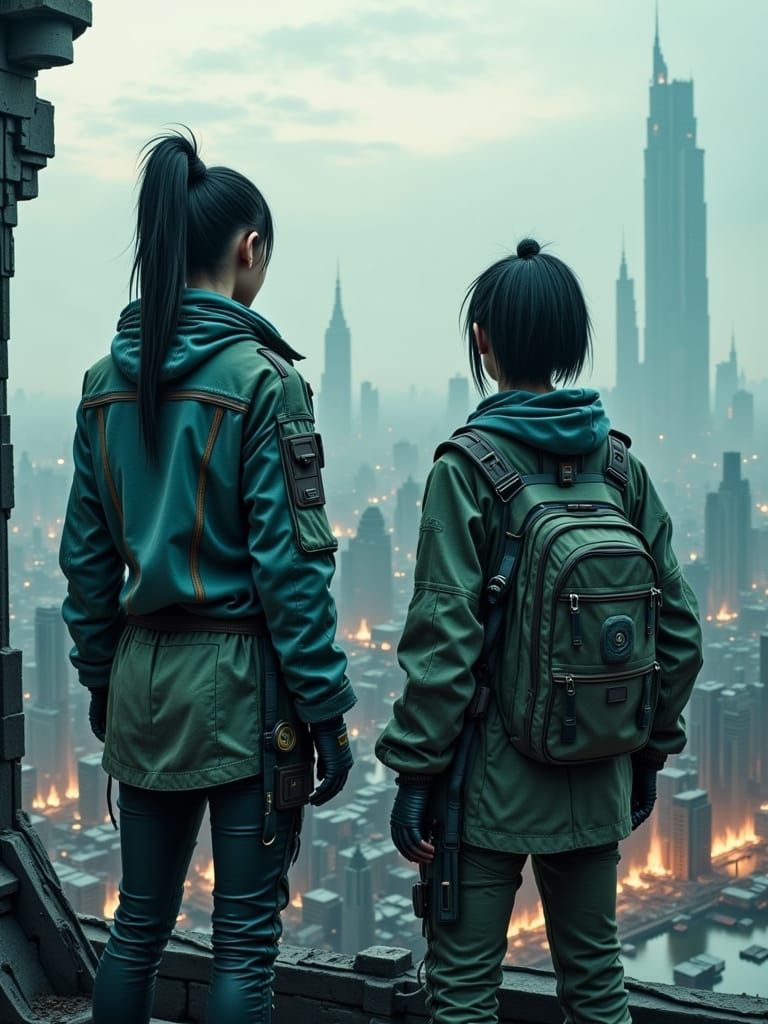 Cyberpunk Heroes Survey Ruined Skyscraper Landscape