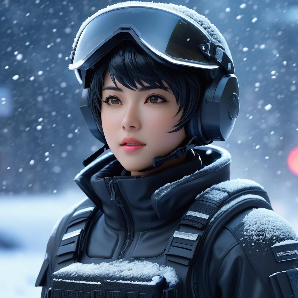 Scifi Soldier Anime Girl in a snow storm...