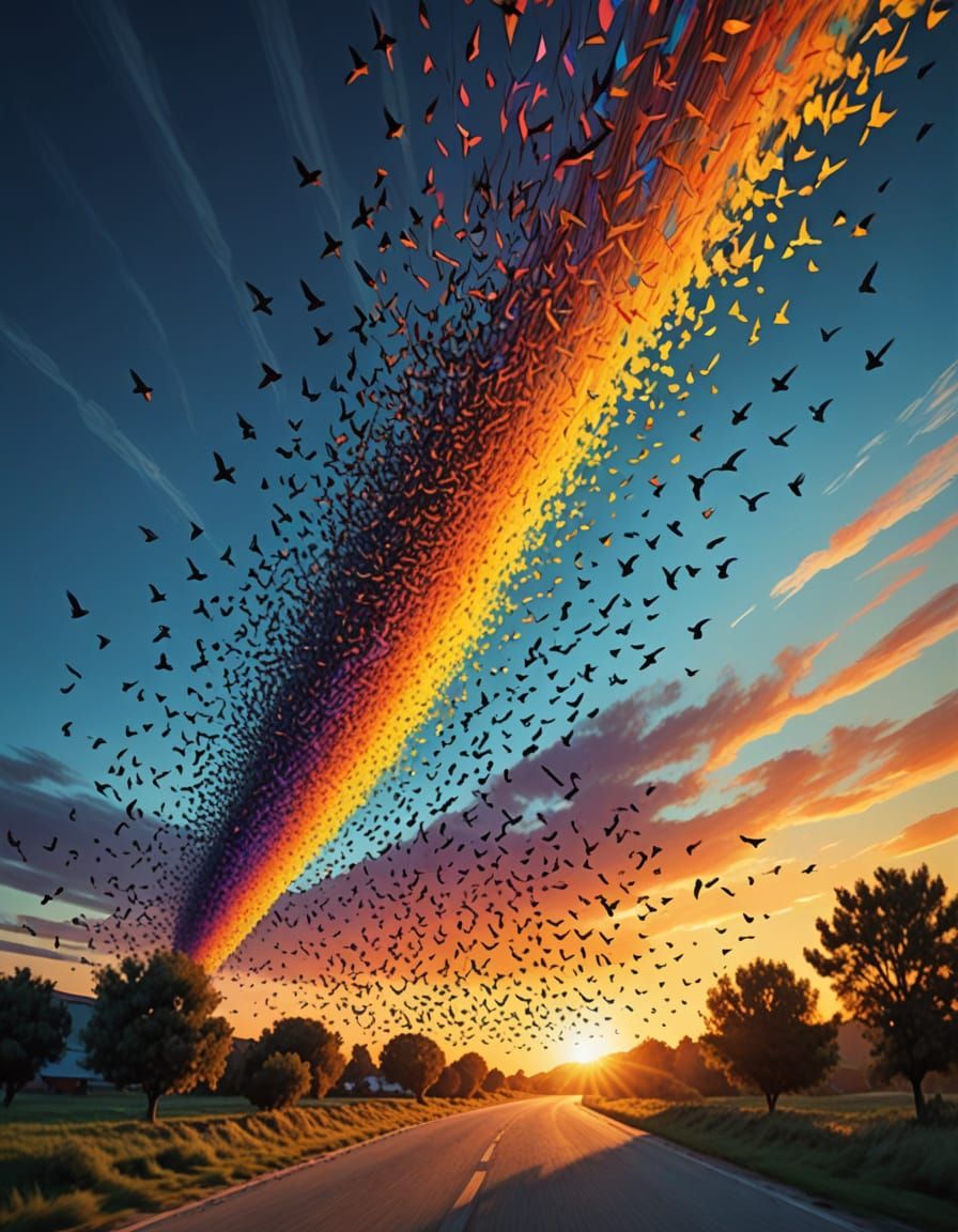 Surreal Bird Flock in Ethereal Light Storybook Style