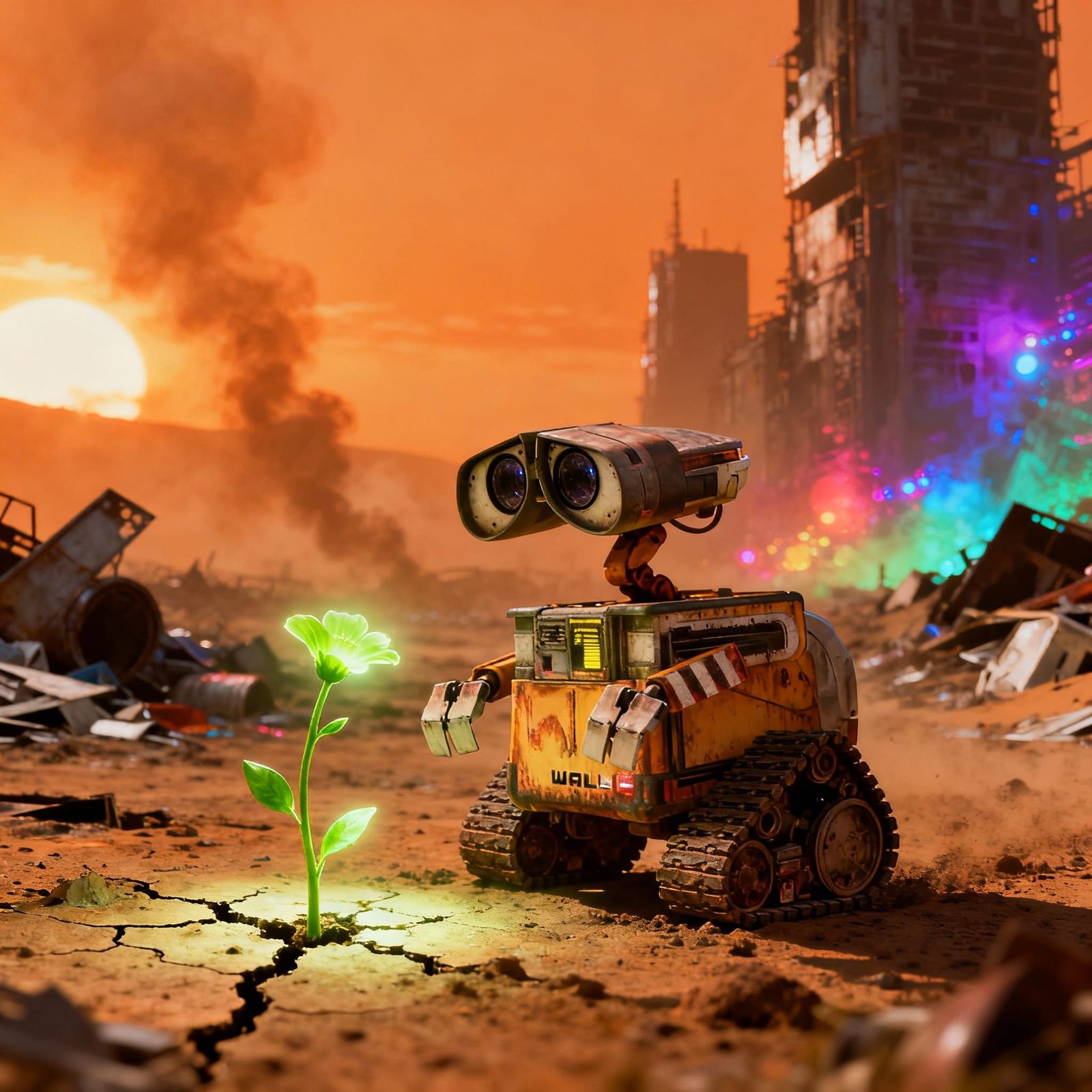 Lonely Robot Discovers Flower in Desolate Future Wasteland