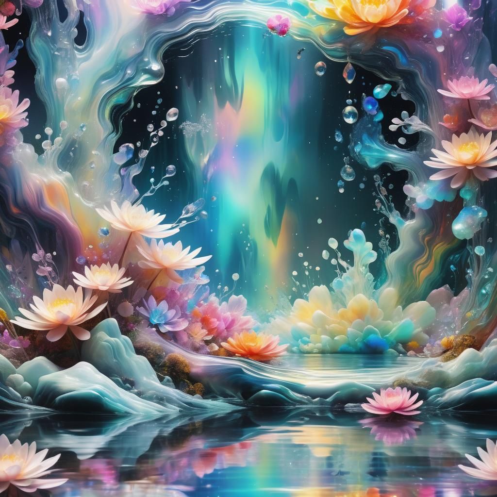 Magical Crystal Flower Landscape in Glitch Art Style