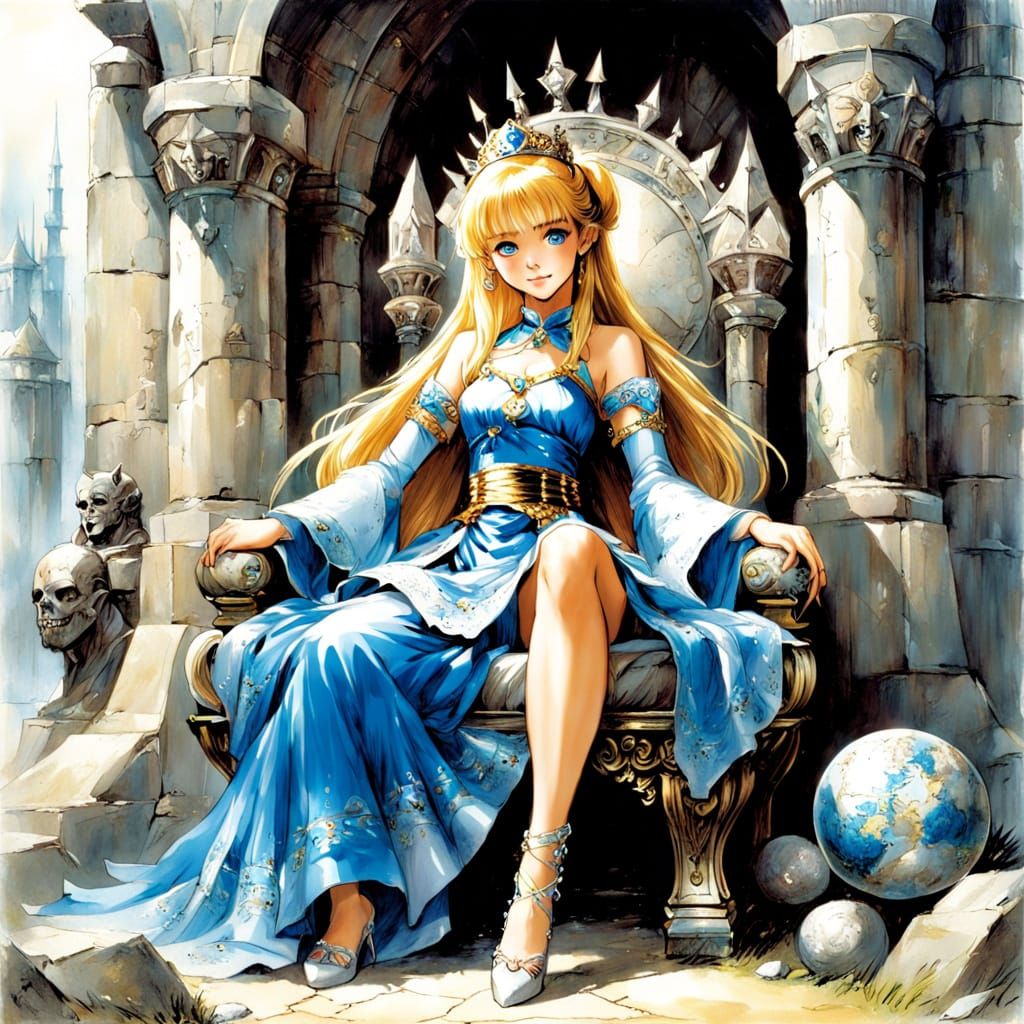 Anime Princess on Stone Throne in Fantasy Style