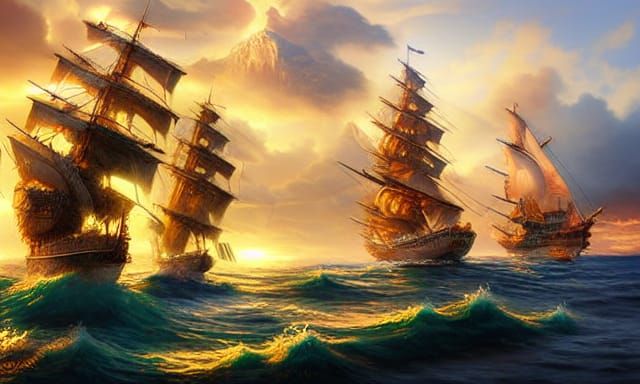 Majestic Ship at Sunset: Detailed Fantasy Painting