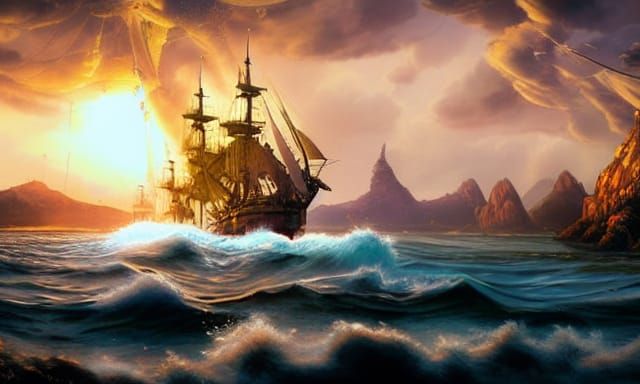 Majestic Ship Sails by Island at Sunset