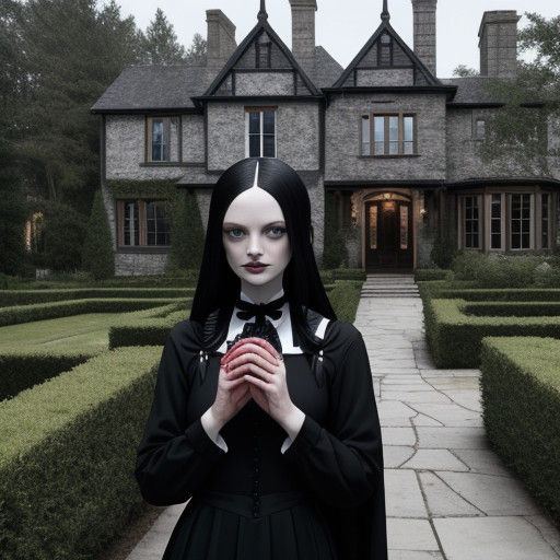 Wednesday Addams in Front of Gothic Mansion with Poinsettia