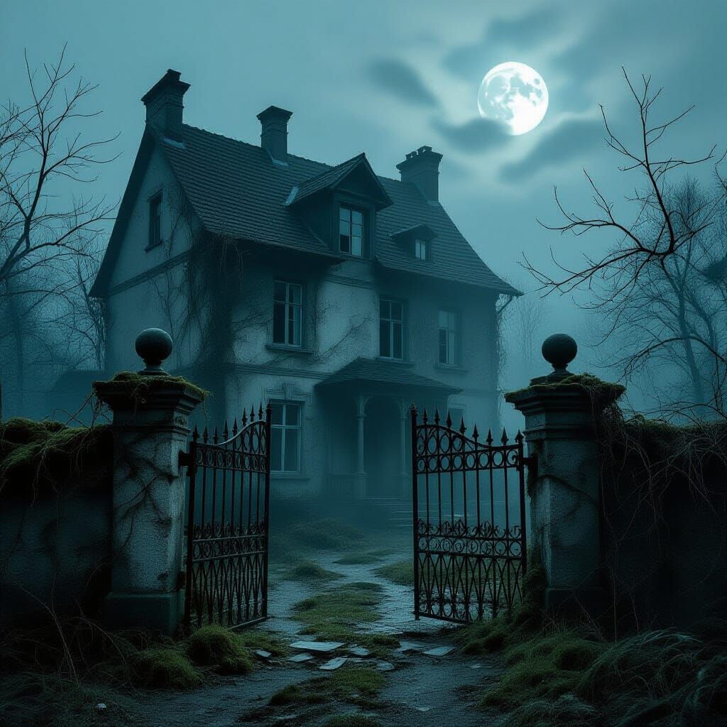 Eerie Moonlight Overgrown Abandoned House