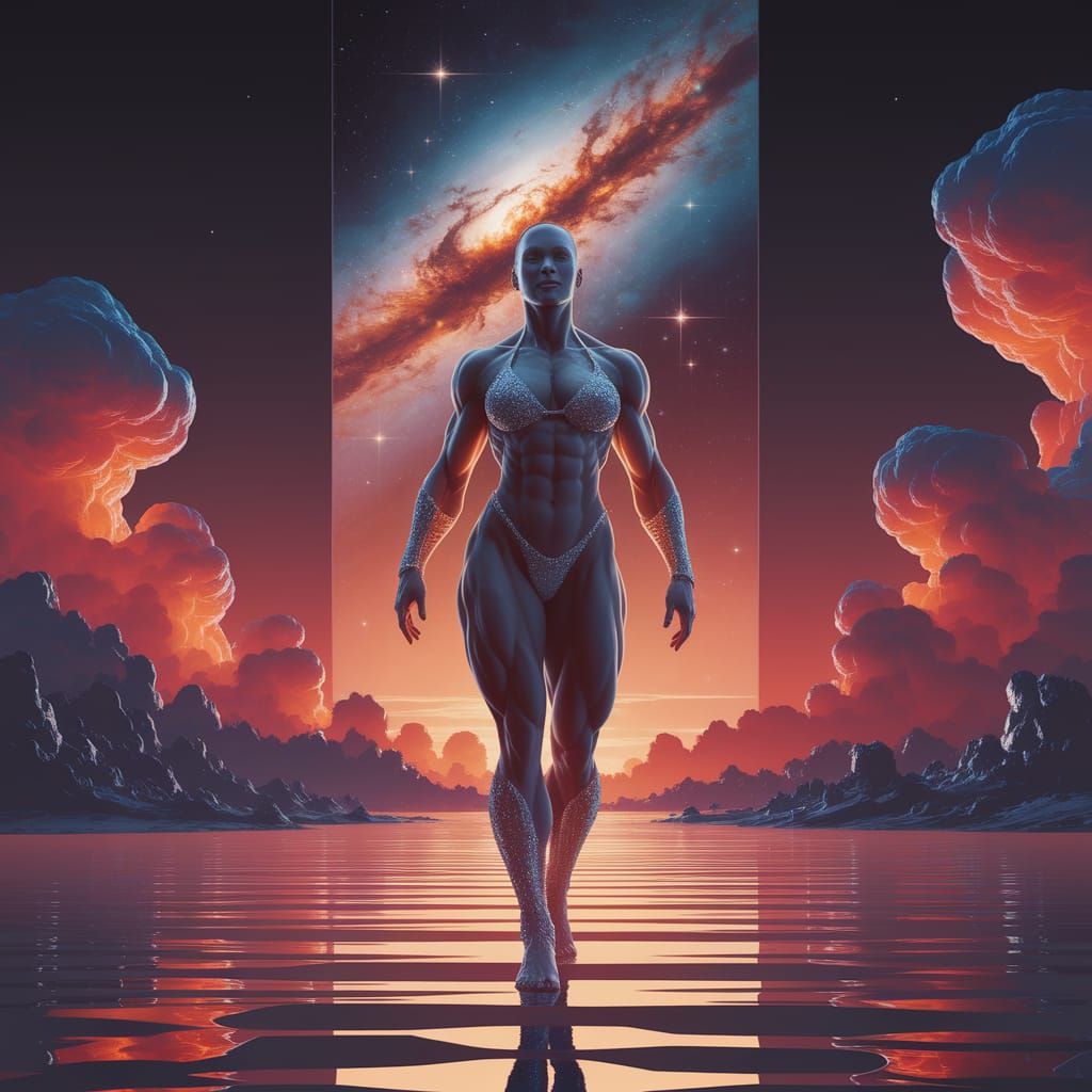 Muscular Female Warrior in Cosmic Bikini at Sunset