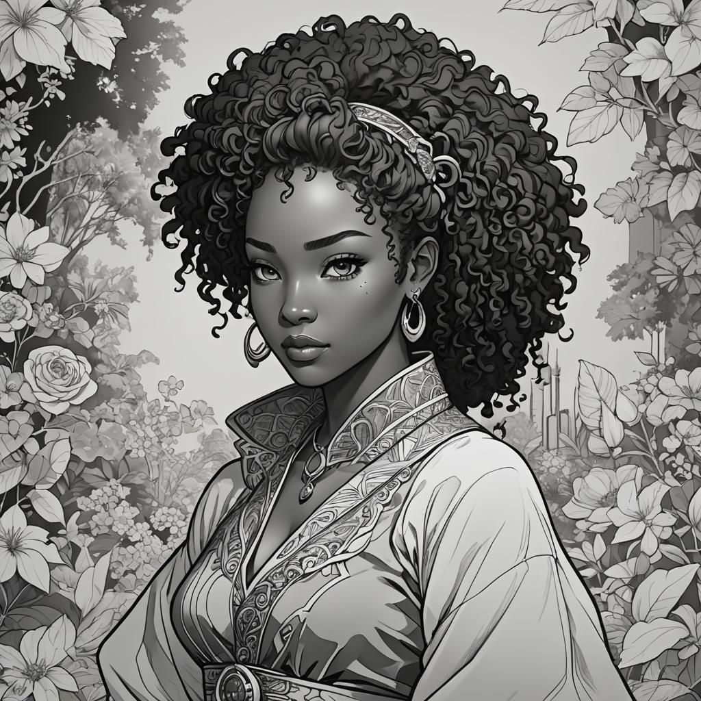 Black Woman Coloring Page in Anime Style
