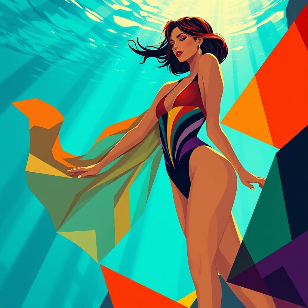 Angular Woman in Turquoise Underwater Scene, Graphic Illustr...