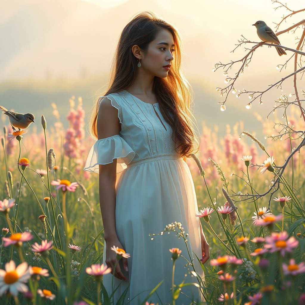 Serene Woman in a Lush Impressionist Meadow