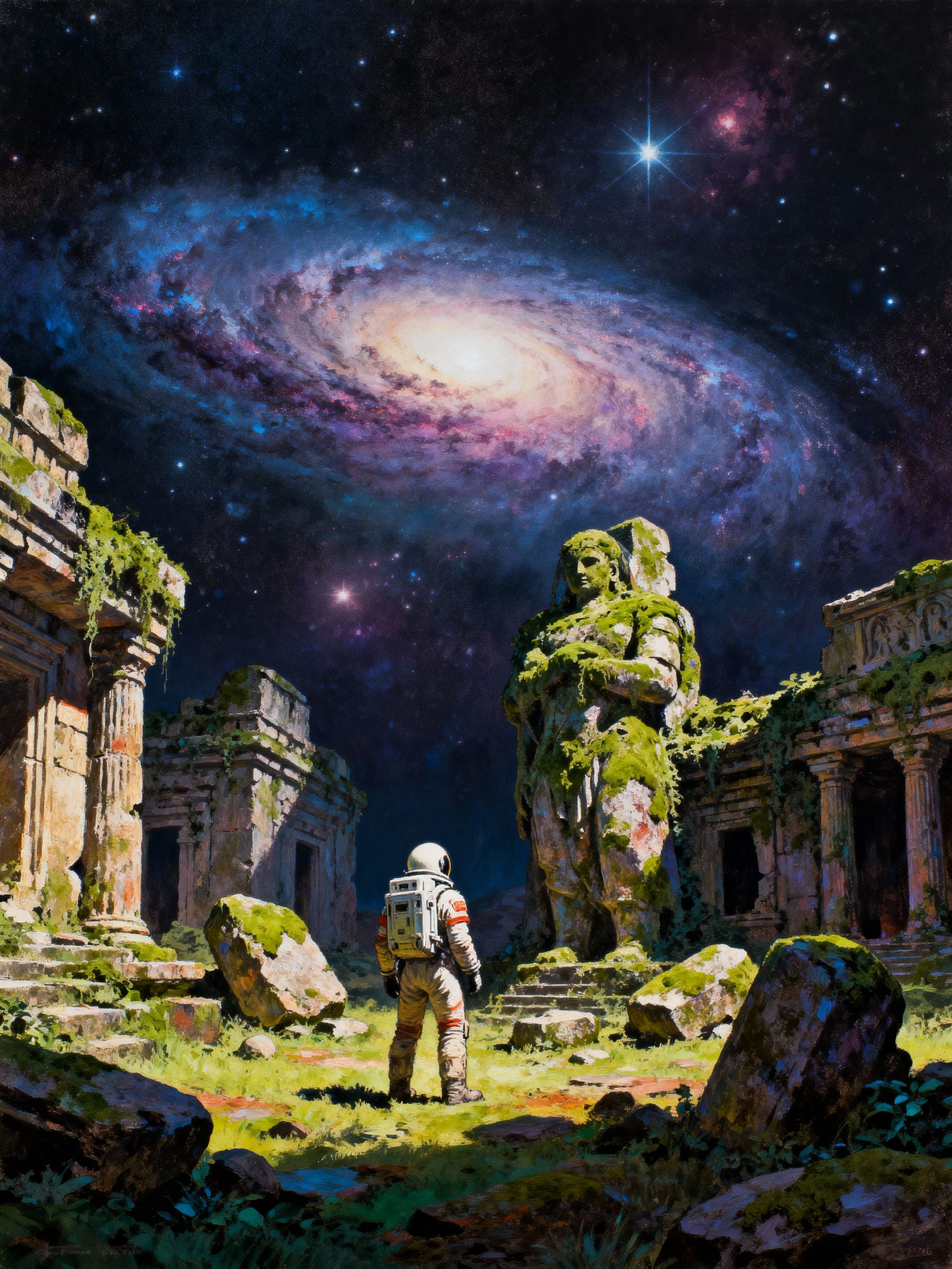 Astronaut in Ancient Alien Ruins, Retro-Futuristic Oil Paint...