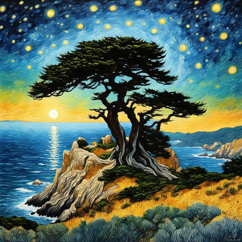 Lone Cypress Tree Painting in Van Gogh Style