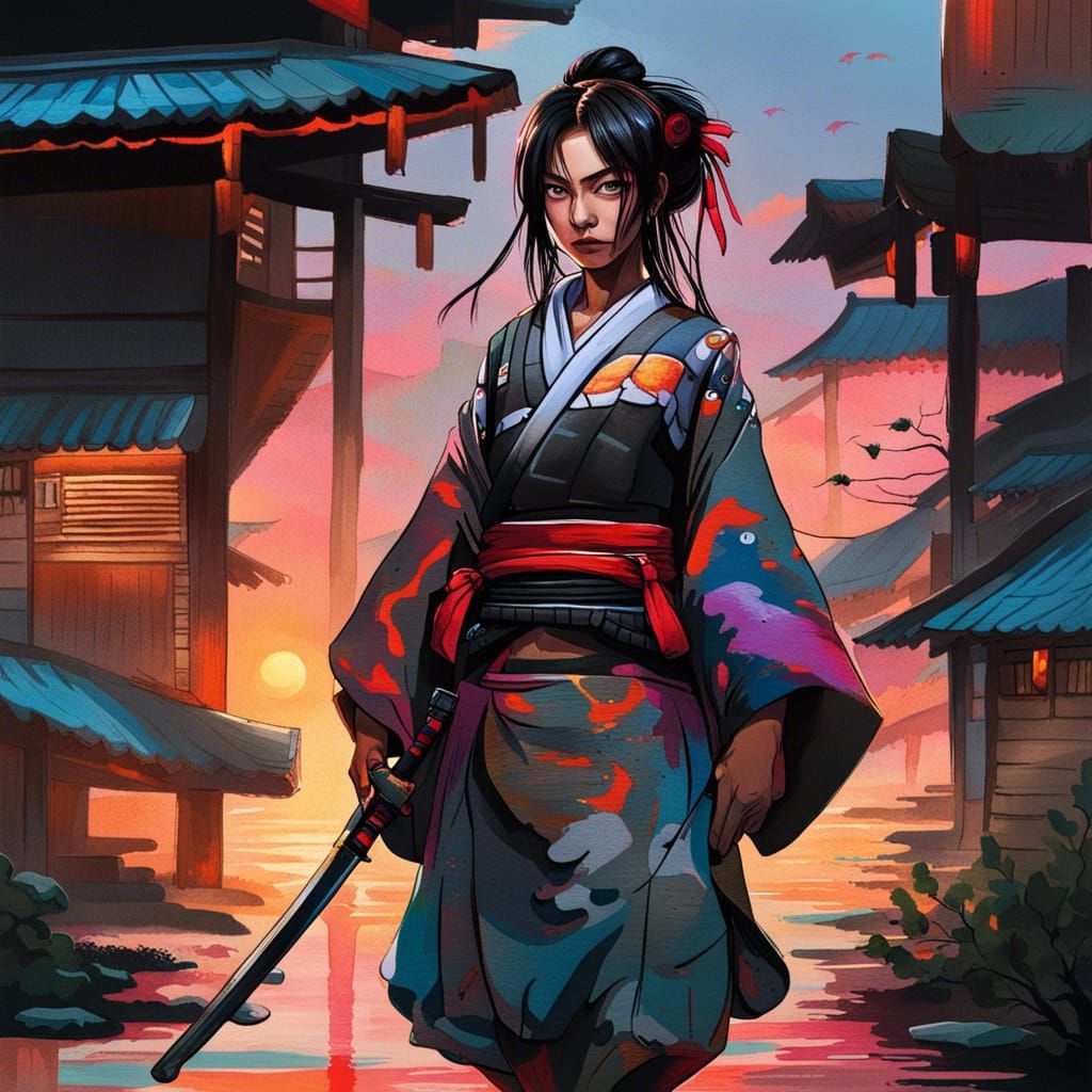 Samurai Girl Returns After Battle: Graffiti Art