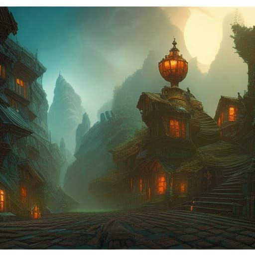 Detailed Comic Book Village Concept Art