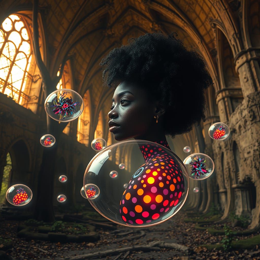 A vast, surreal museum hidden in an ancient forest, with vaulted ceilings and crumbling stone walls bathed in soft golde...