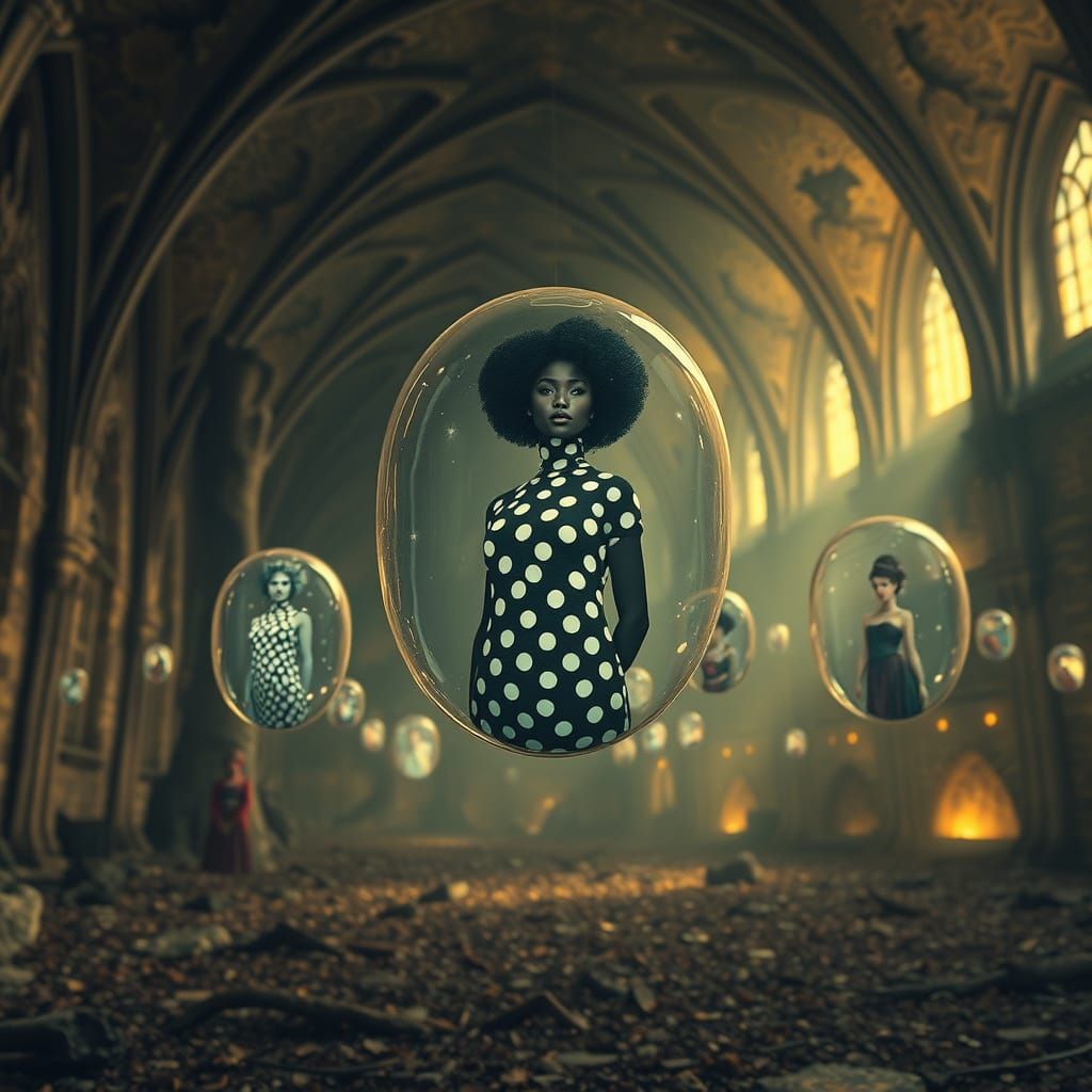 A vast, surreal museum hidden in an ancient forest, with vaulted ceilings and crumbling stone walls bathed in soft golde...