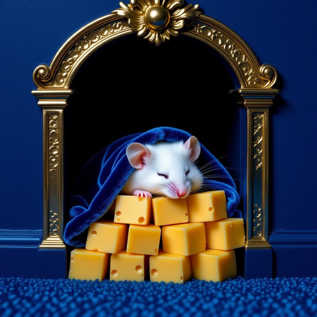 Mouse Sleeps on Cheese in Blue Room