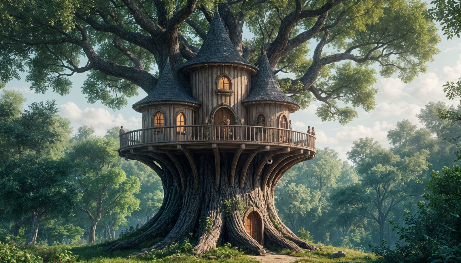 Whimsical Elven Treehouse in Detailed Matte Painting Style