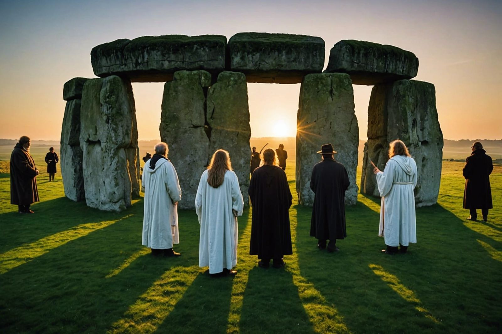 Druids Worshiping Dawn at Stonehenge: Dramatic Shadows