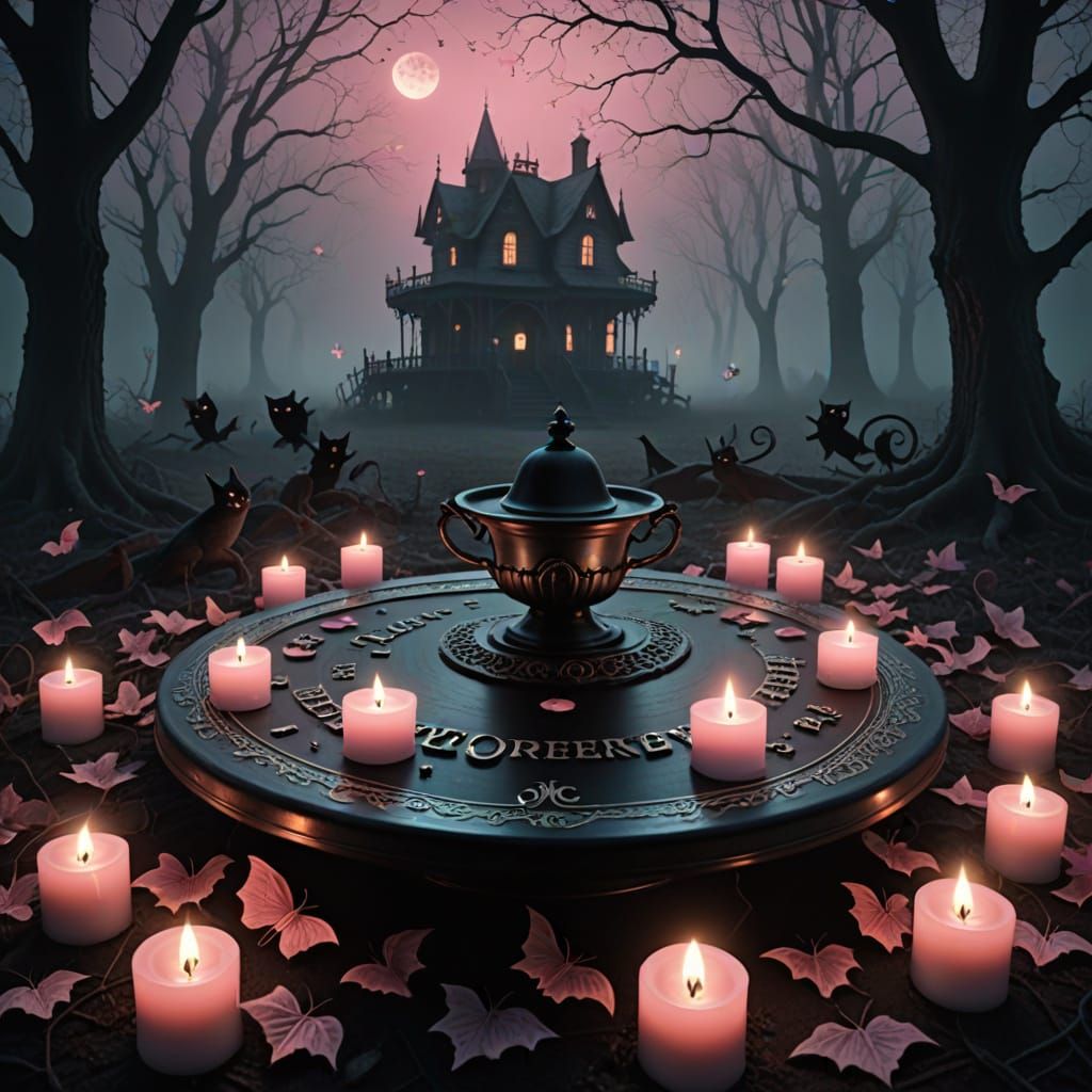 Whimsical Ouija Board Scene in Pastel Hues