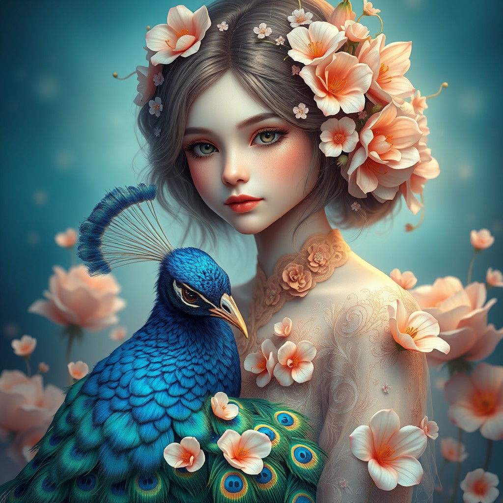 Ethereal Flower Girl with Peacock in Fantasy Art