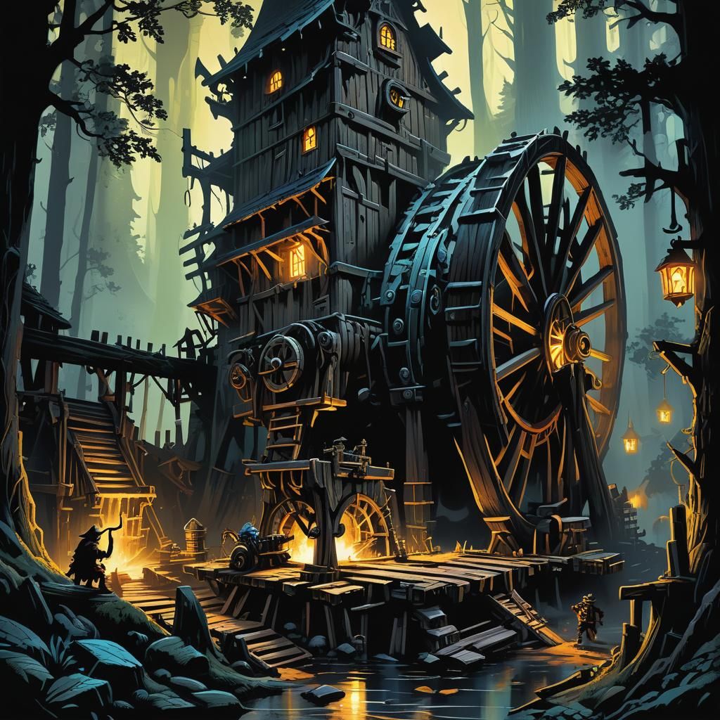 Goblin Sawmill in Misty Forest, Comic Book Art