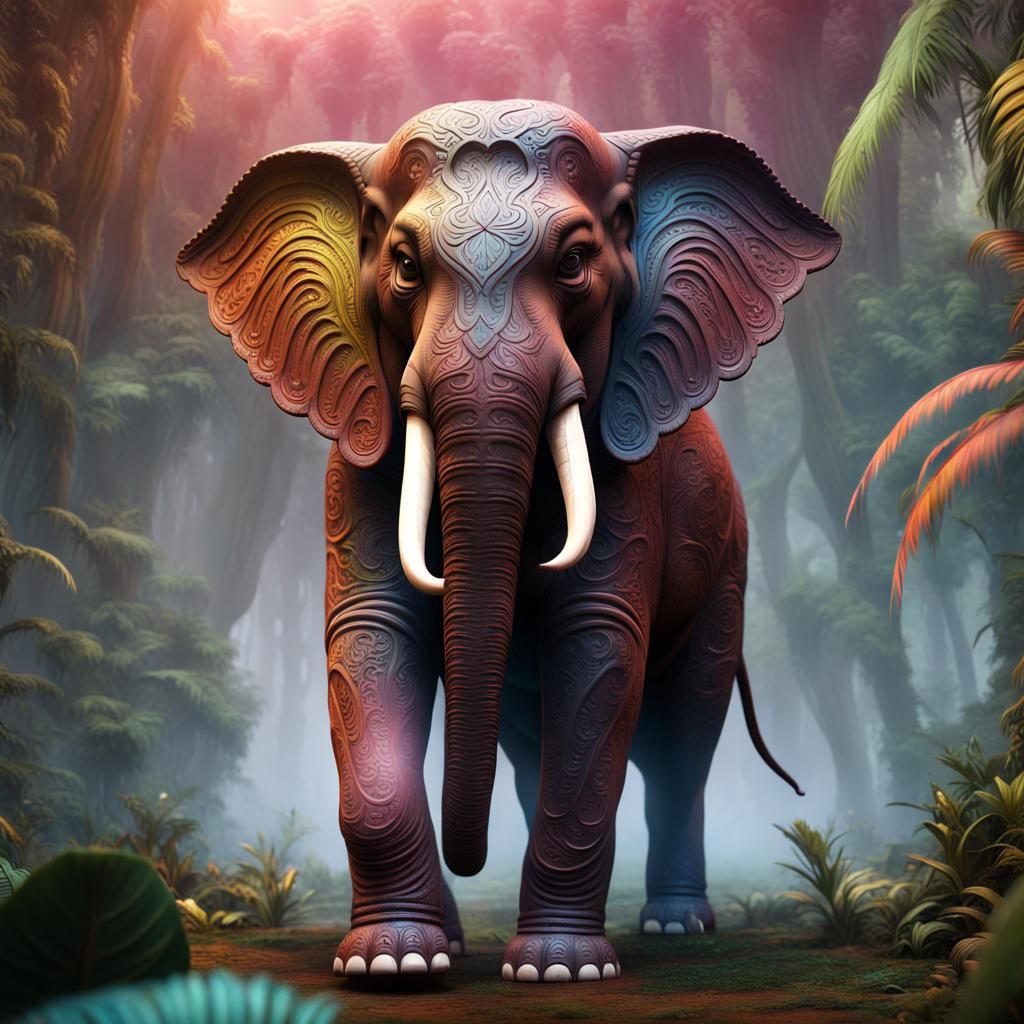 Rainbow Jungle Elephant: Detailed Matte Painting
