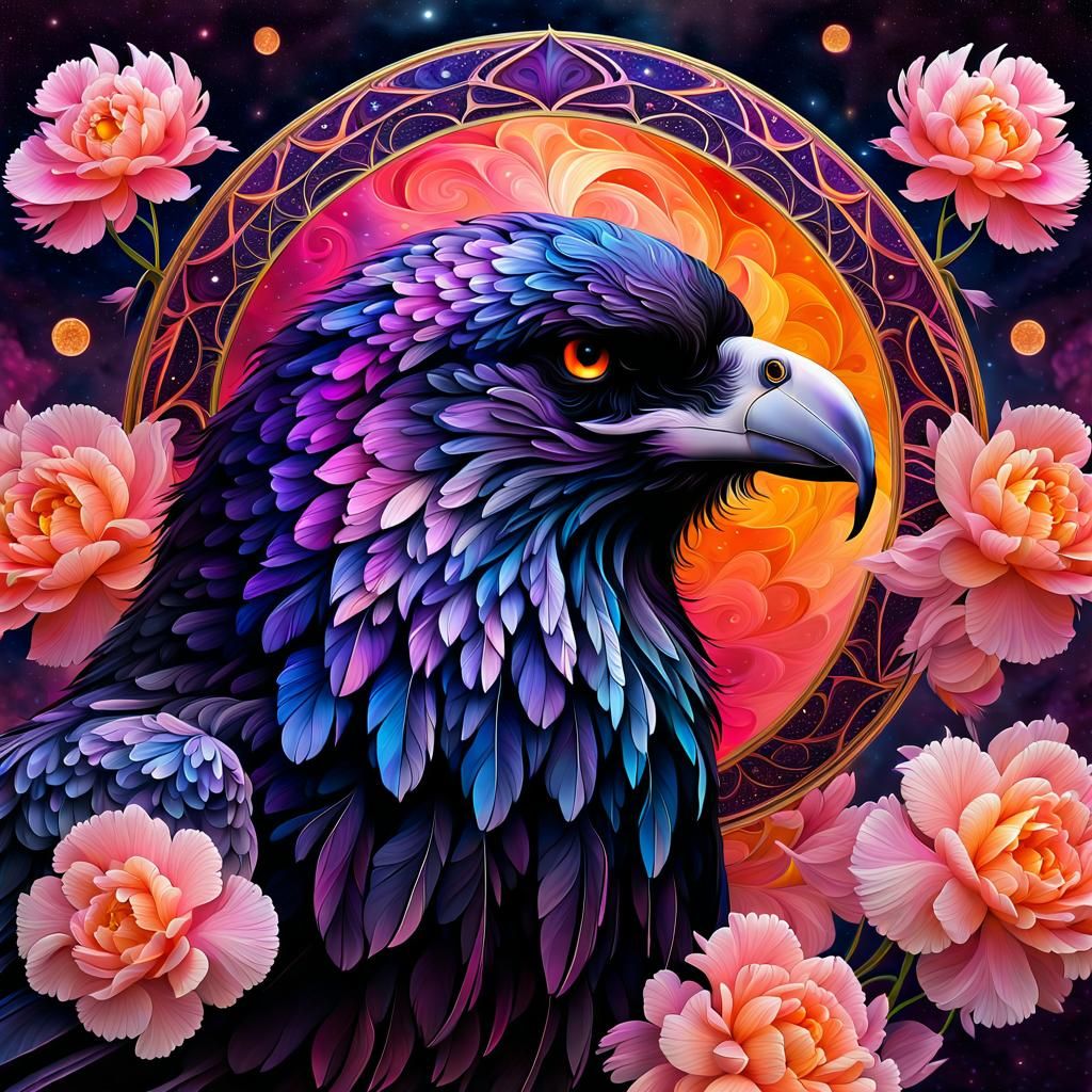 Fractal Raven Made of Peony Petals