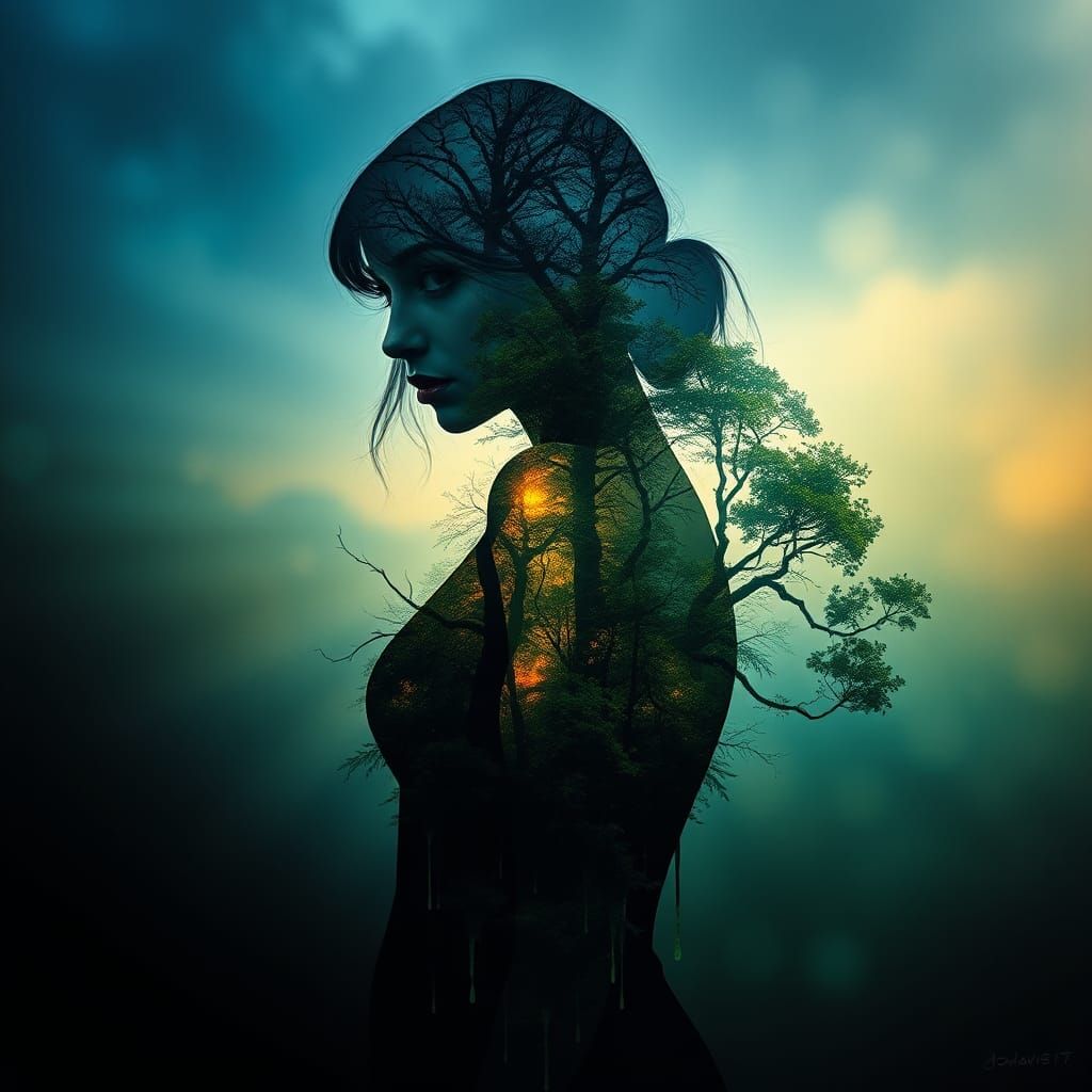 Enchanted Forest Woman: Surreal Ink Silhouette