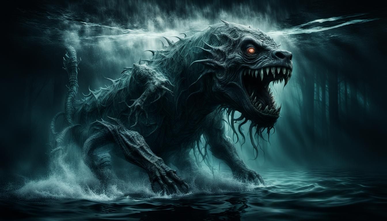 Scary Water Beast in Double Exposure Horror Setting
