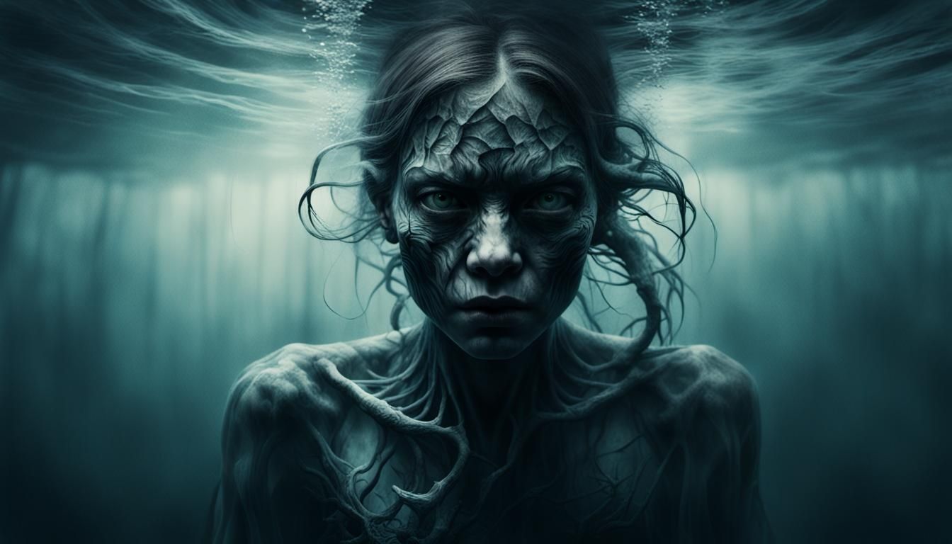 Scary Water Beast in Double Exposure Horror Setting