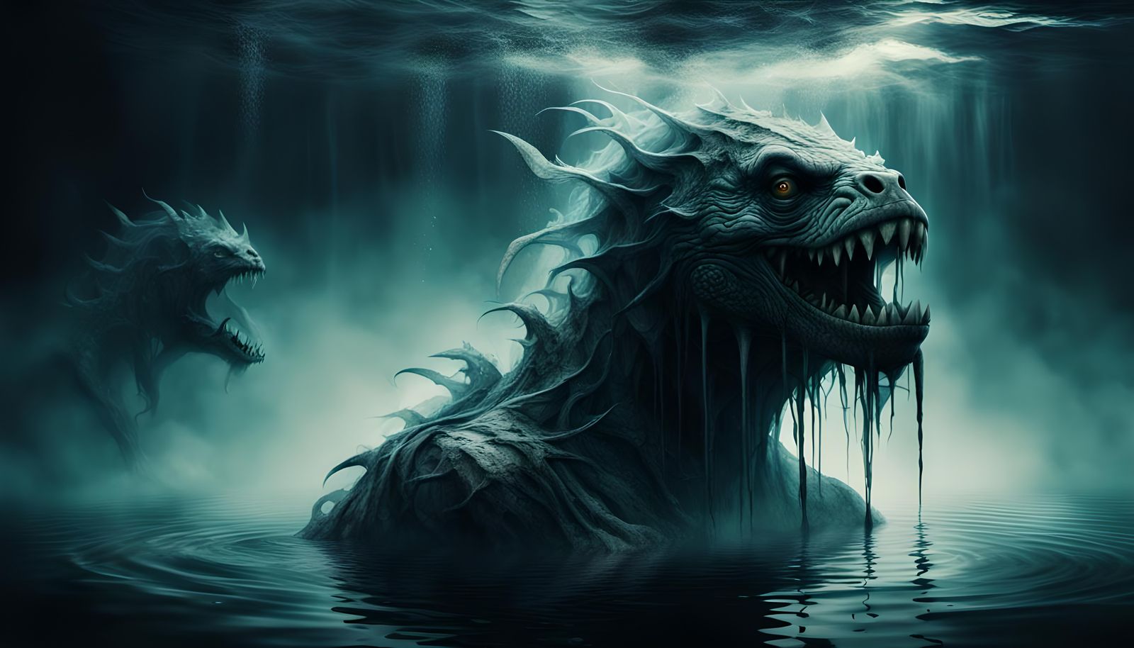 Scary Water Beast in Double Exposure Horror Setting