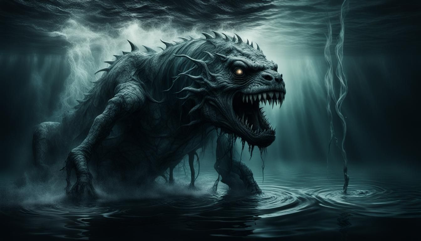 Creepy Water Beast in Double Exposure Horror Setting