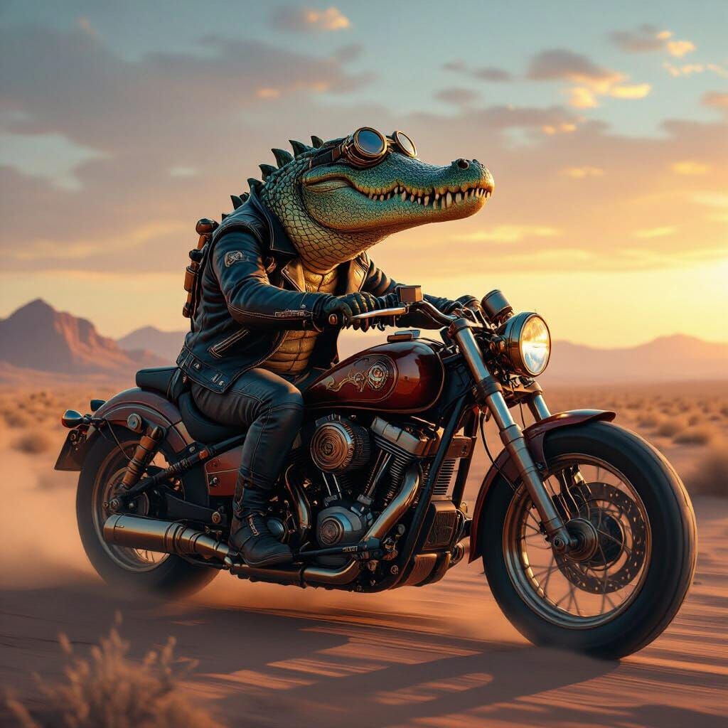 Crocodile on Steampunk Motorcycle in Desert Sunrise