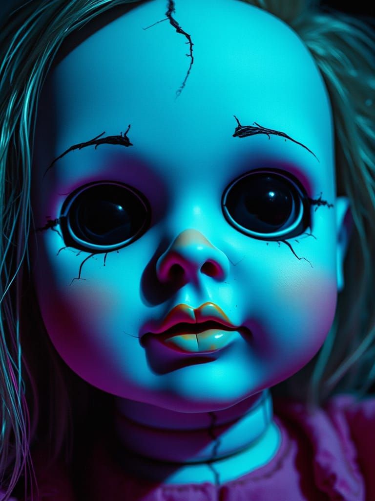 Haunted Doll Glitch Art in Retro-Futuristic Style