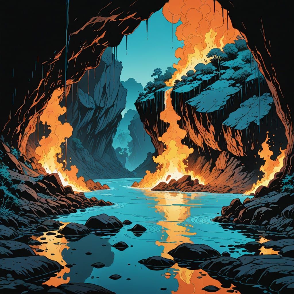 Surrealistic Masterpiece of the Magical River Styx in Orange...