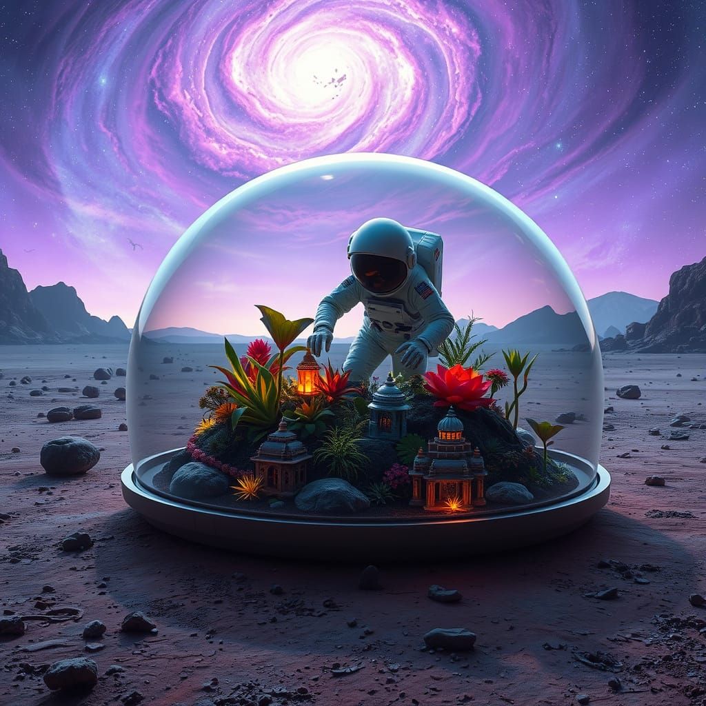 Astronaut Tends Glowing Alien Garden in Biodome