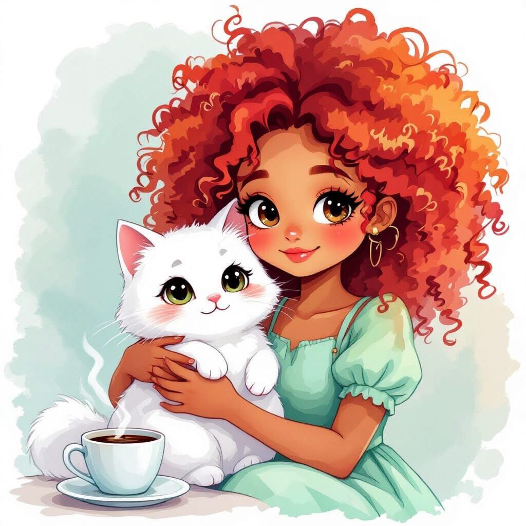 Anime-Style Portrait of Girl with Cat and Coffee