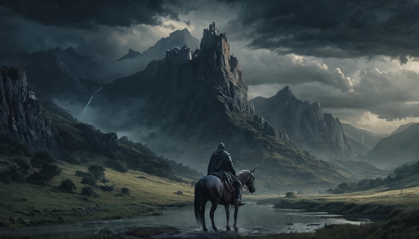Medieval Warrior Rides into a Rainy Valley at Dusk