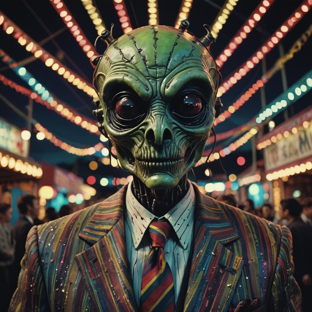 Surreal Alien in Eerie Carnival: Stop-Motion Style