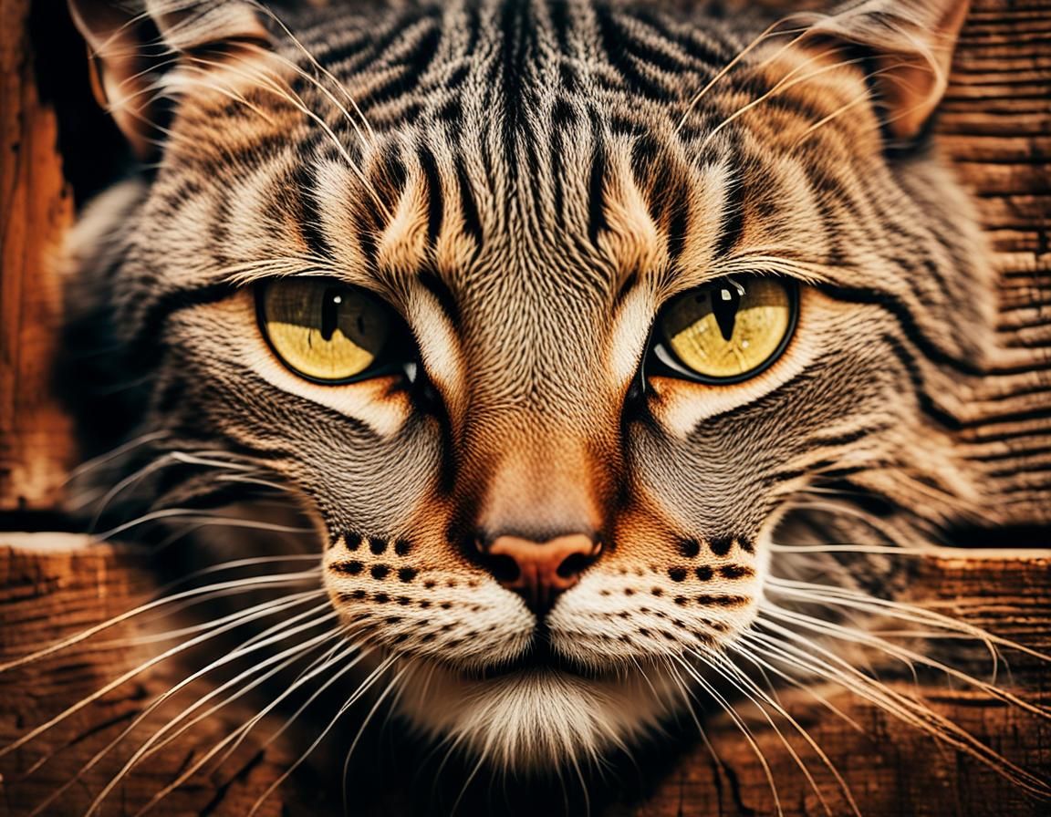 Surreal Cat Portrait on Distressed Wood